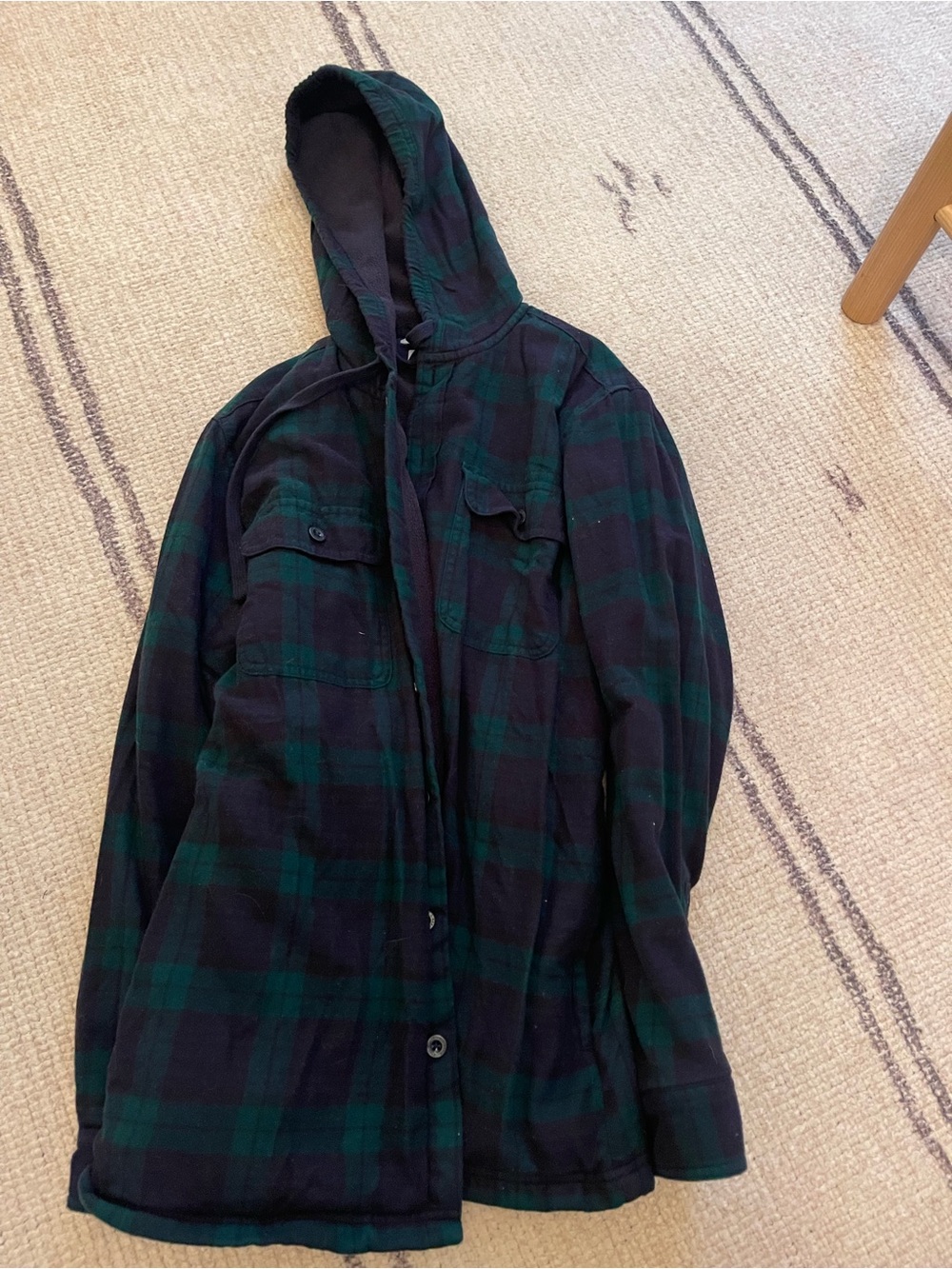 L.L. Bean Black & Dark Green Hooded Plaid Shirt Jacket